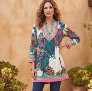 ANU by Natural Boho Tunic Dress Multicolor Paisley Floral Embroidered Size S